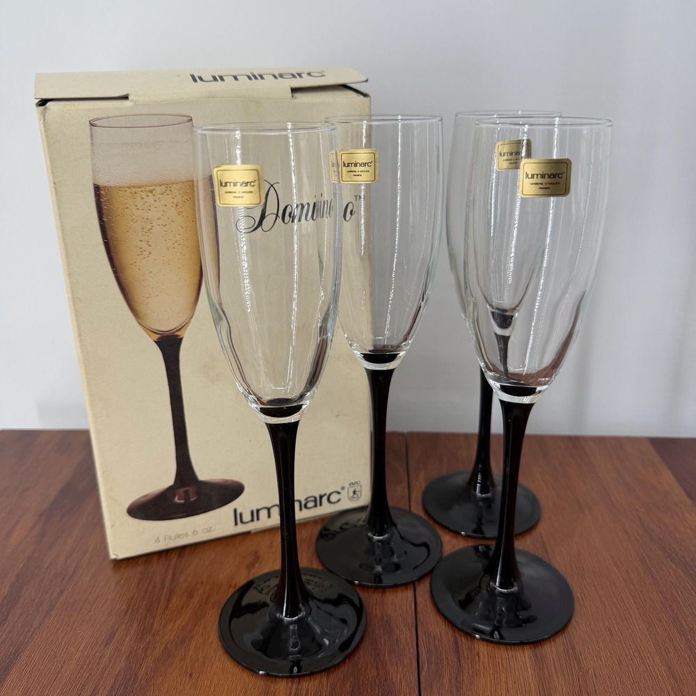 VTG Luminarc France Black Stem Champagne Flutes (4) Domino 1980s Original Box
